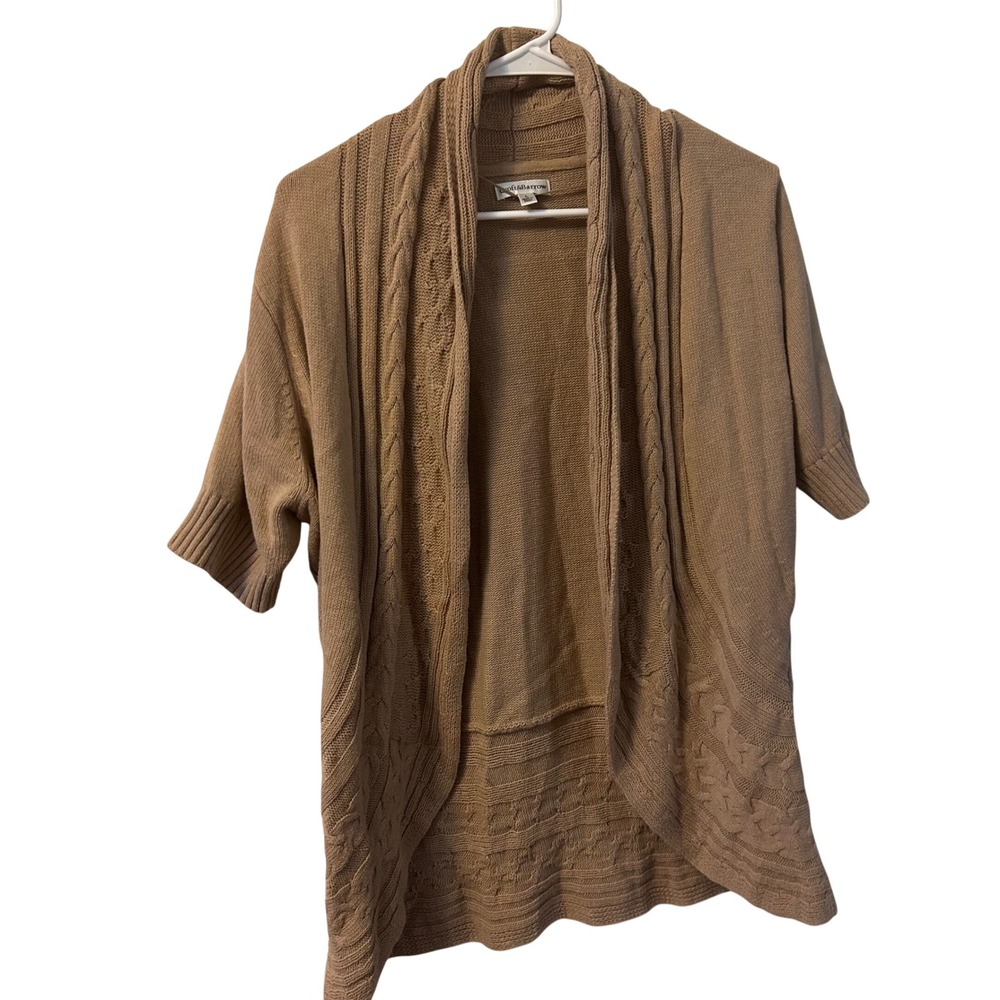 Camel Tan Cable Knit Open Front Shawl Collar Short Sleeve Cardigan Sweater L